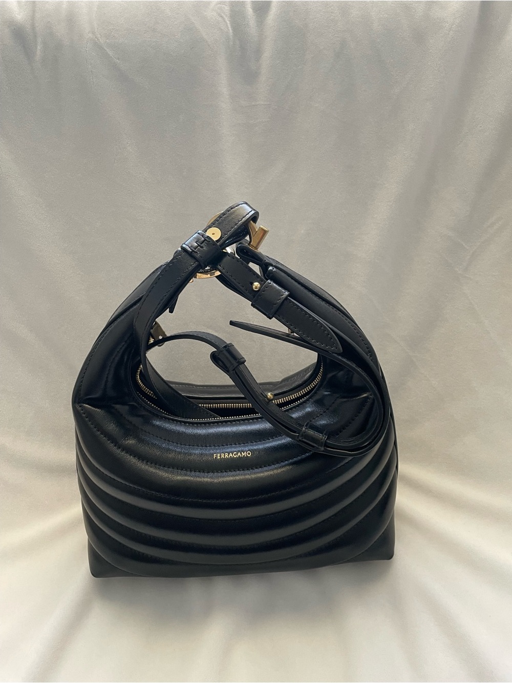 Salvatore Ferragamo Black Quilted Leather Hobo Shoulder Bag with Gold Hardware